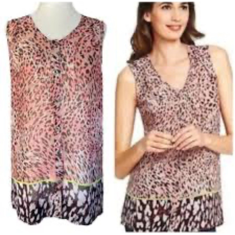 Cabi Style #108 Beguile Pink Brown Leopard Print Tunic Blouse‎ Size Medium